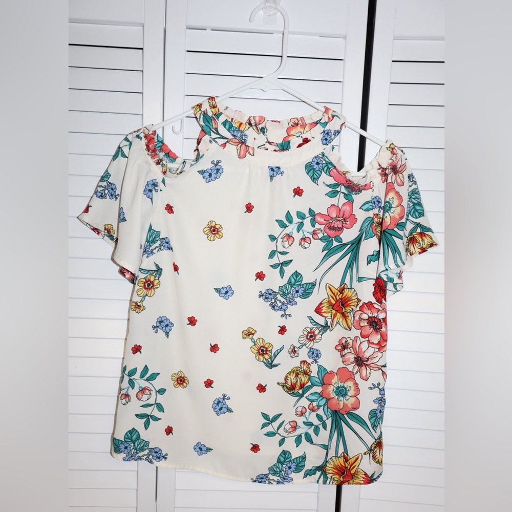 Monteau Floral Ruffle Cold Shoulder Blouse - Cream, Red, Blue, Green